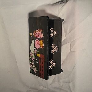 Japanese Musical Jewelry Box Hand Painted Scenes Black Lacquer